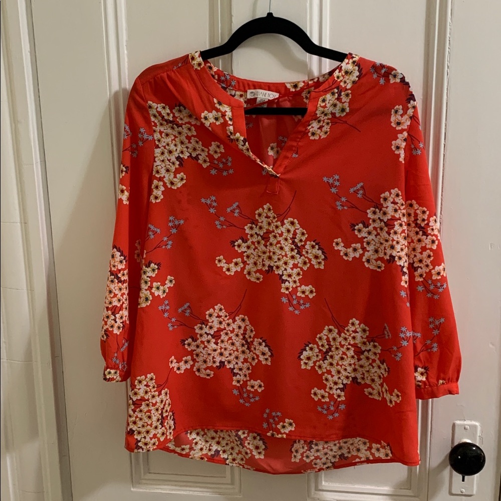 Floral 3/4 Sleeve Top, Coral, Blue, White, Women's Size Medium